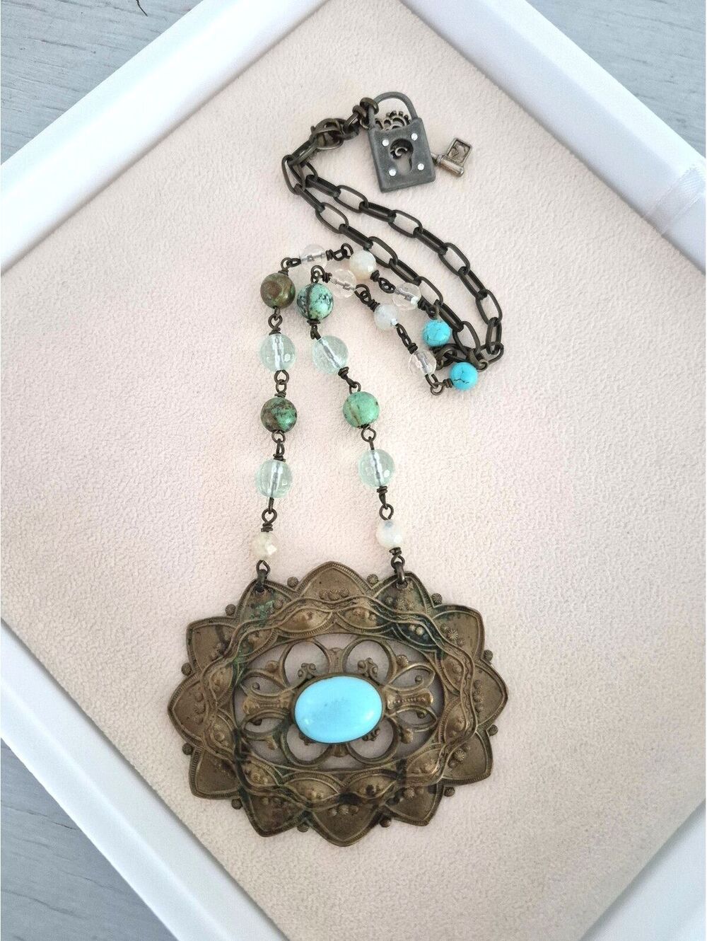 Vintage Upcycled Bronze Victorian Pendant and Faux Turquoise Necklace
